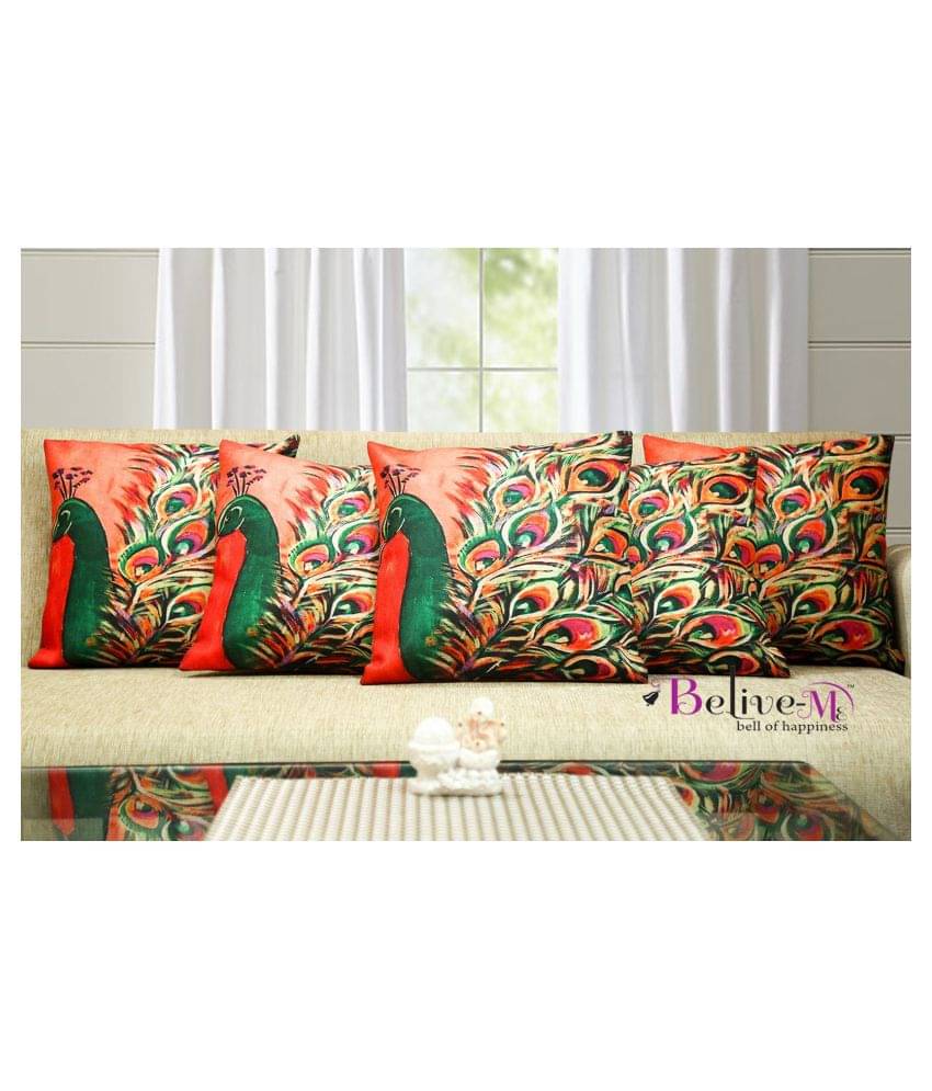 Belive-Me Set of 5 Jute Print Cushion Covers Peacock Themed 40X40 cm (16X16 inch) Belive-Me Set of 5 Jute Print Cushion Covers Peacock Themed 40X40 cm (16X16 inch)