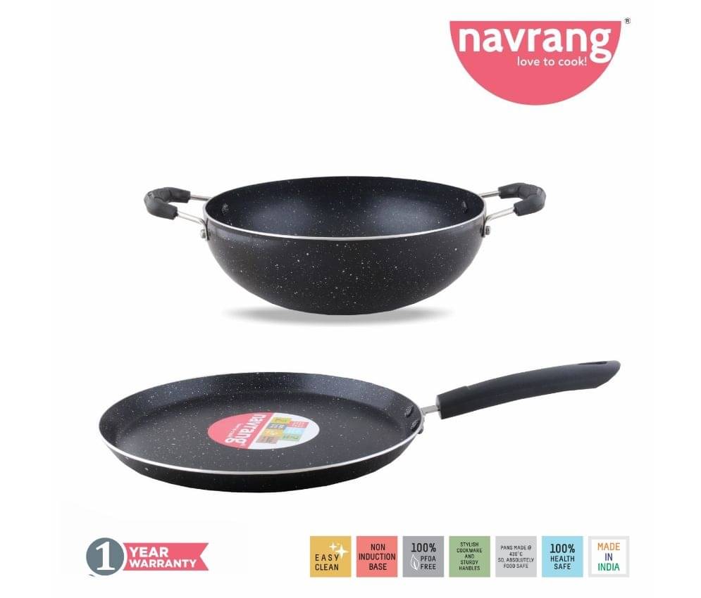Navrang Non Stick Aluminium Nonstick Spatter 2 Pcs Gift Set , Tawa 275mm,Kadai 230mm, Black & white Granite Finish -Non Induction Navrang Non Stick Aluminium Nonstick Spatter 2 Pcs Gift Set , Tawa 275mm,Kadai 230mm, Black & white Granite Finish -Non Induction