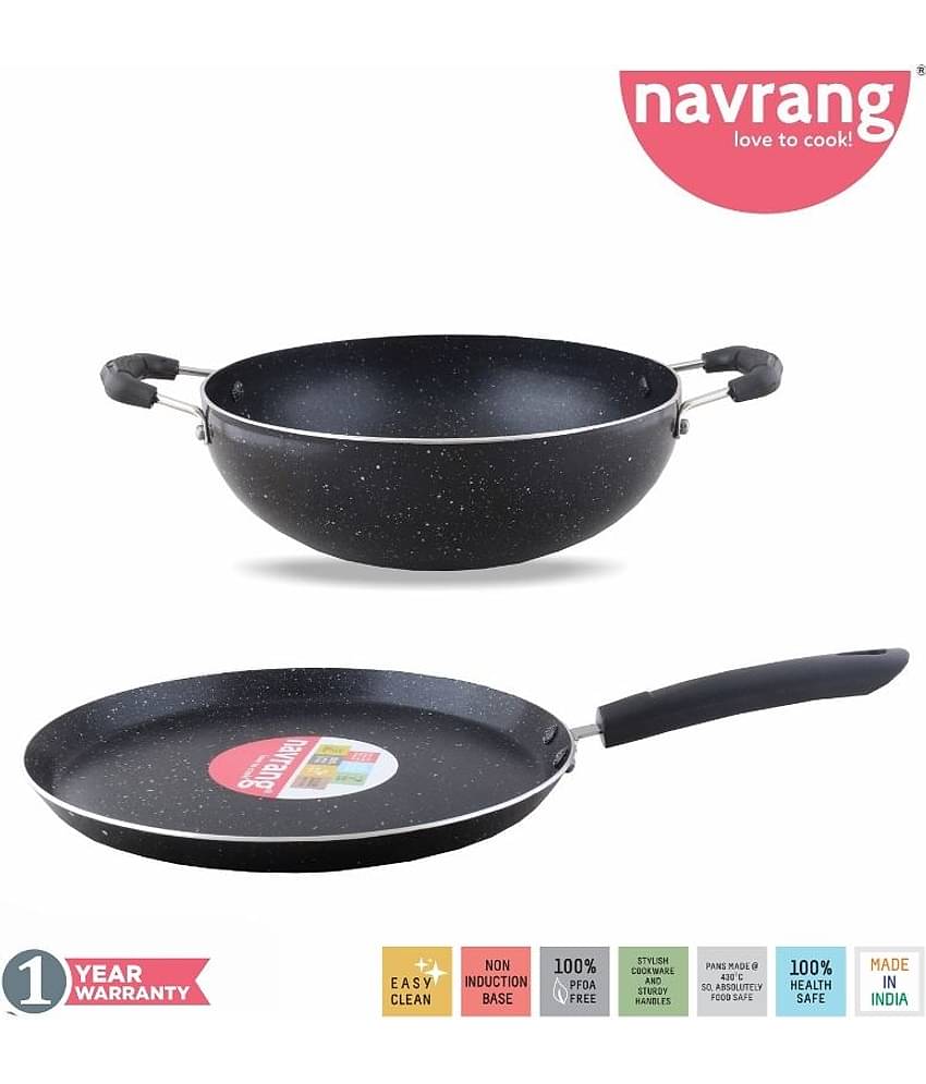 Navrang Non Stick Aluminium Nonstick Spatter 2 Pcs Gift Set , Tawa 275mm,Kadai 230mm, Black & white Granite Finish -Non Induction