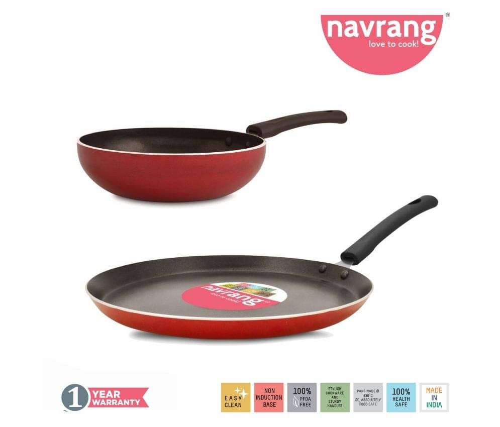     			Navrang Nonstick Aluminium 2 PC Cookware Set ,Tawa 260 + Fry Pan 220,Red  -Non Induction 