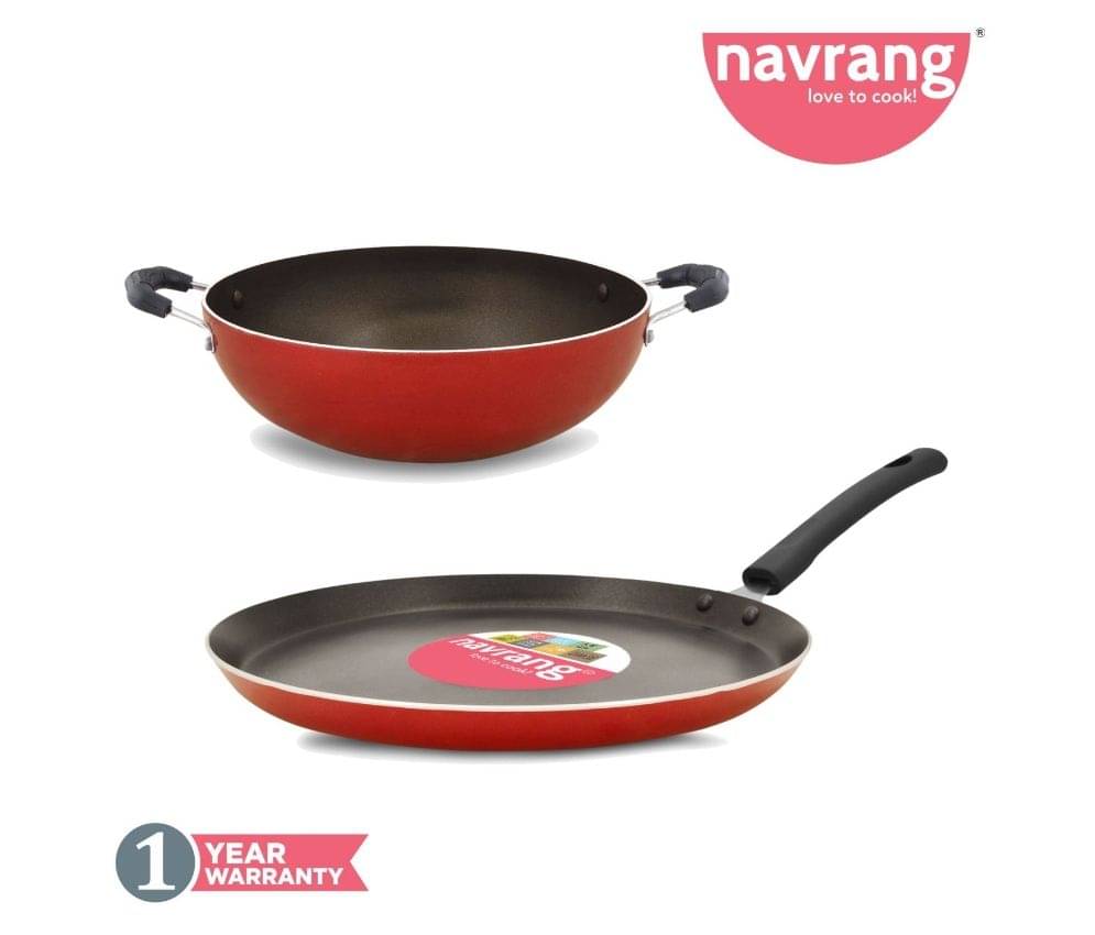 Navrang Nonstick Aluminium 2 PC Cookware Set ,Tawa 260 + Kadai 200,Red NON-INDUCTION Navrang Nonstick Aluminium 2 PC Cookware Set ,Tawa 260 + Kadai 200,Red NON-INDUCTION