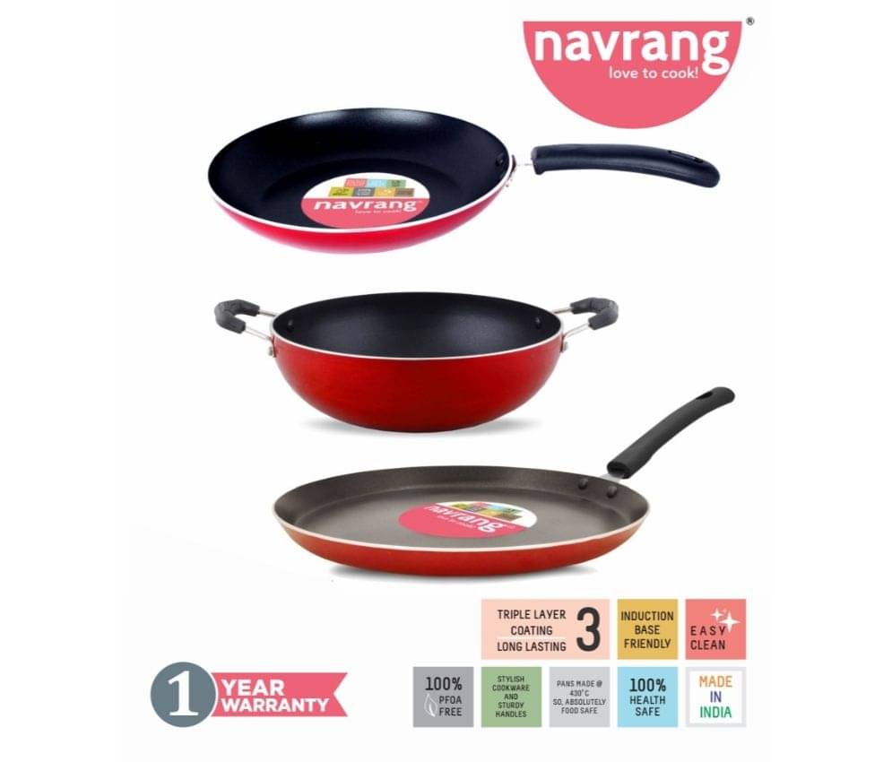 Navrang Non Stick Aluminium Kadai 240mm , Tawa 275mm , Frypan240 mm, Red, with Induction Navrang Non Stick Aluminium Kadai 240mm , Tawa 275mm , Frypan240 mm, Red, with Induction