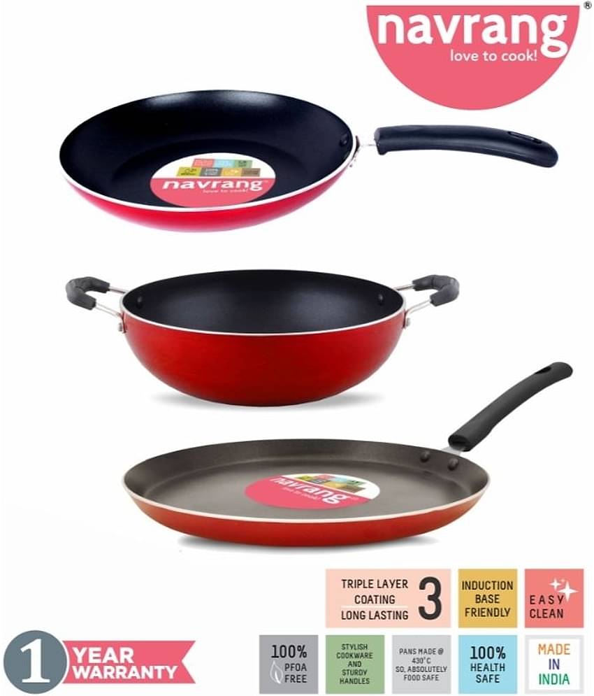 Navrang Non Stick Aluminium Kadai 240mm , Tawa 275mm , Frypan240 mm, Red, with Induction