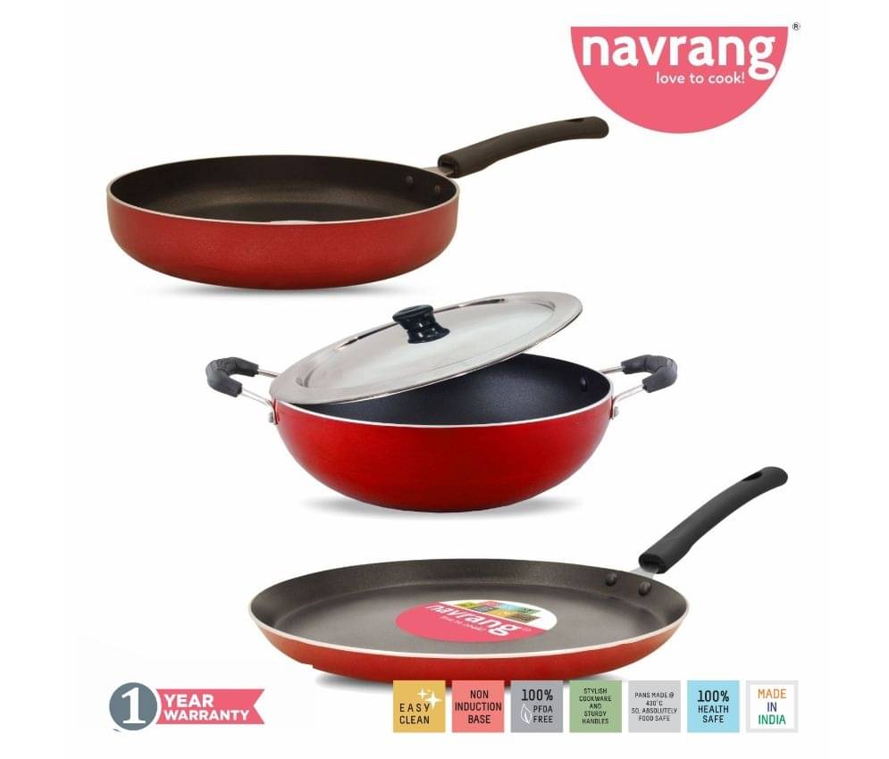 Navrang Non Stick 3pc Cookware Set Kadai 23cm, Tawa 27.5cm, Frypan 23cm with SS Lid, Red Navrang Non Stick 3pc Cookware Set Kadai 23cm, Tawa 27.5cm, Frypan 23cm with SS Lid, Red
