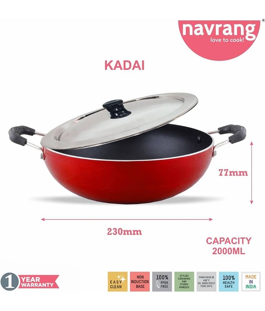 Navrang Non Stick 3pc Cookware Set Kadai 23cm, Tawa 27.5cm, Frypan 23cm with SS Lid, Red