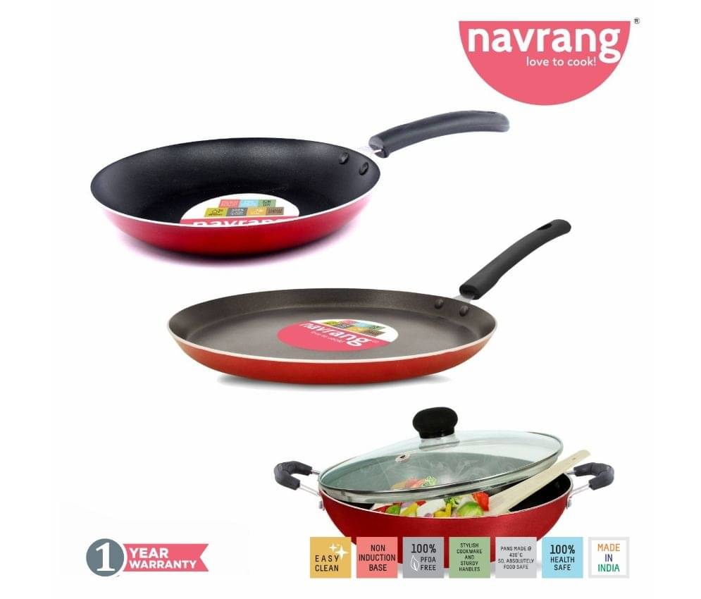 Navrang Non Stick Aluminium 3 Piece Gift Set Kadai 240 mm, Tawa 275 mm , Frypan 240mm With Glass Lid , Red , -Non Induction ' Navrang Non Stick Aluminium 3 Piece Gift Set Kadai 240 mm, Tawa 275 mm , Frypan 240mm With Glass Lid , Red , -Non Induction '