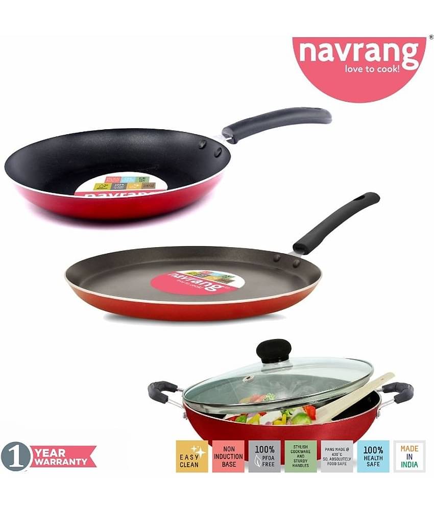 Navrang Non Stick Aluminium 3 Piece Gift Set Kadai 240 mm, Tawa 275 mm , Frypan 240mm With Glass Lid , Red , -Non Induction '