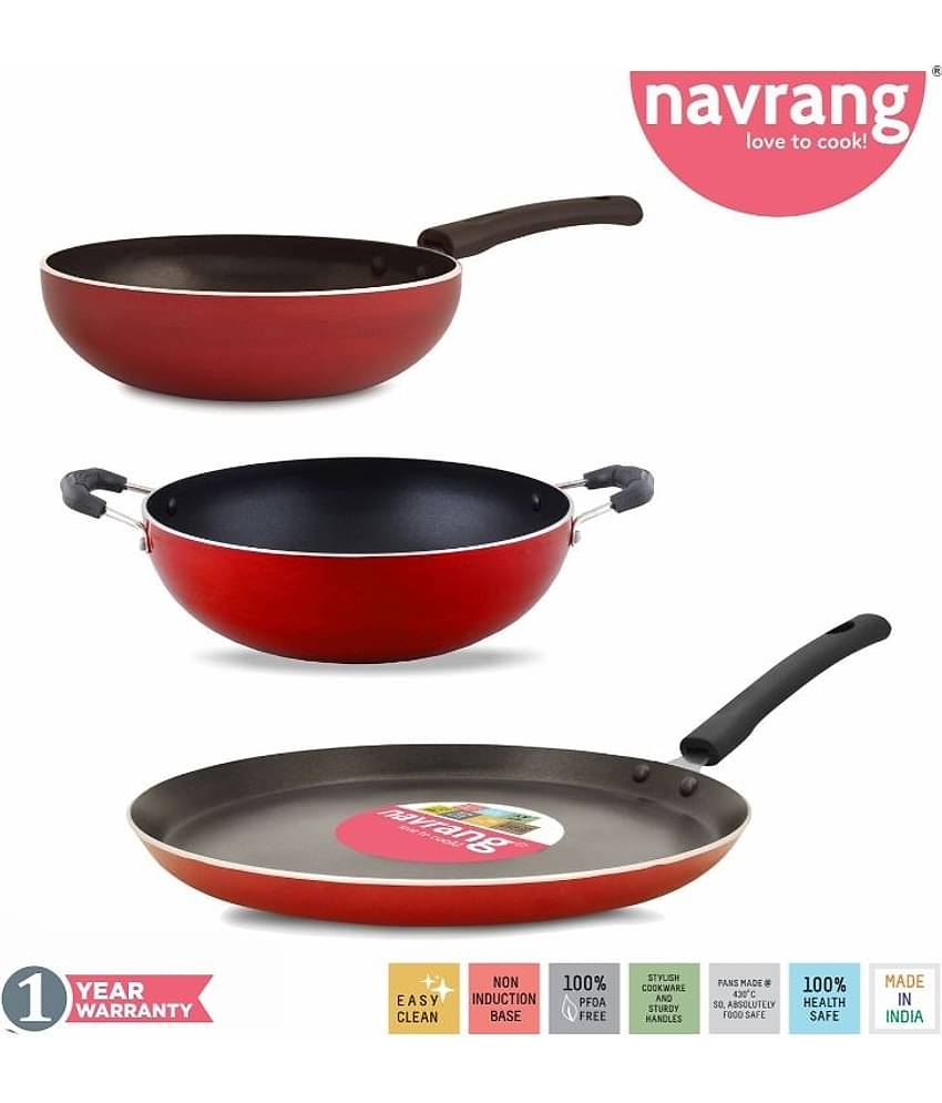 Navrang Nonstick Aluminium 3 PC MINI Cookware Set ,Tawa 260 + Kadai 200 + Fry Pan 200,Red NON-INDUCTION