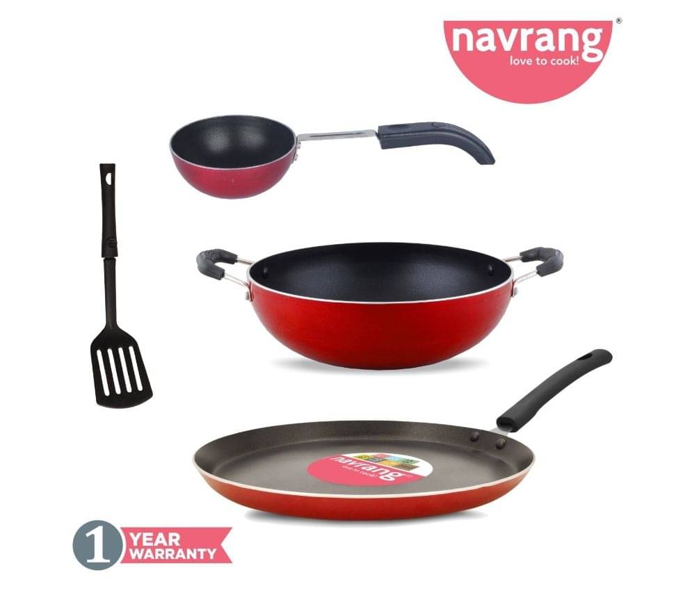 Navrang Nonstick Aluminium 4 PC Cookware Set ,Tawa 275 + Kadai 230 + Tadka Pan + Spatula,Red NON-INDUCTION Navrang Nonstick Aluminium 4 PC Cookware Set ,Tawa 275 + Kadai 230 + Tadka Pan + Spatula,Red NON-INDUCTION