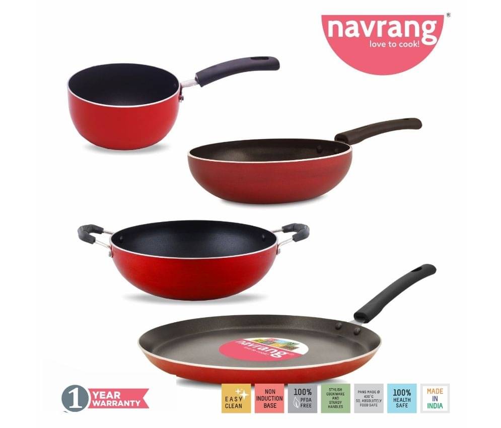 Navrang Nonstick 4pc Cookware Set ,Tawa 26cm + Kadai 20cm + Fry Pan 20cm + Sauce Pan 16.5cm, Red Navrang Nonstick 4pc Cookware Set ,Tawa 26cm + Kadai 20cm + Fry Pan 20cm + Sauce Pan 16.5cm, Red