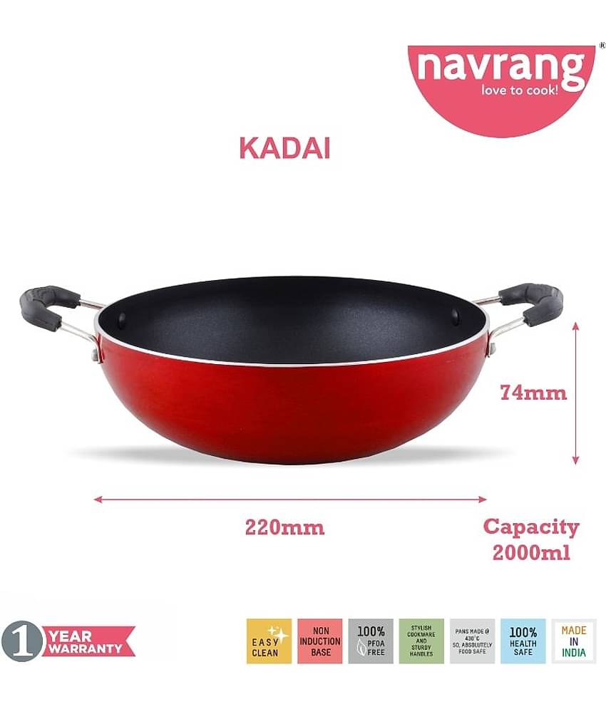 Navrang Nonstick 4pc Cookware Set ,Tawa 26cm + Kadai 20cm + Fry Pan 20cm + Sauce Pan 16.5cm, Red