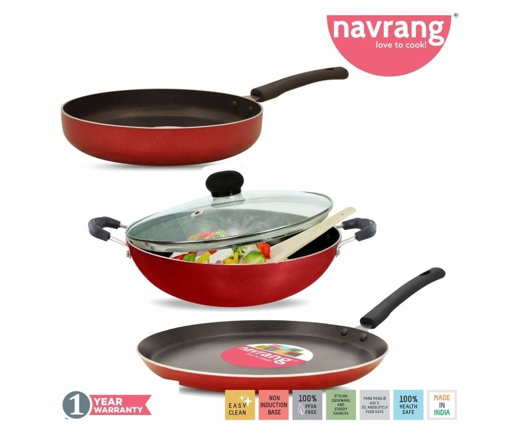     			Navrang Nonstick Aluminium  4 PC Cookware Set Tawa 275 + Kadai 230+FRY PAN 230+GLASSLID 