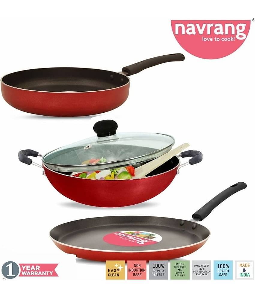 Navrang Nonstick Aluminium 4 PC Cookware Set Tawa 275 + Kadai 230+FRY PAN 230+GLASSLID