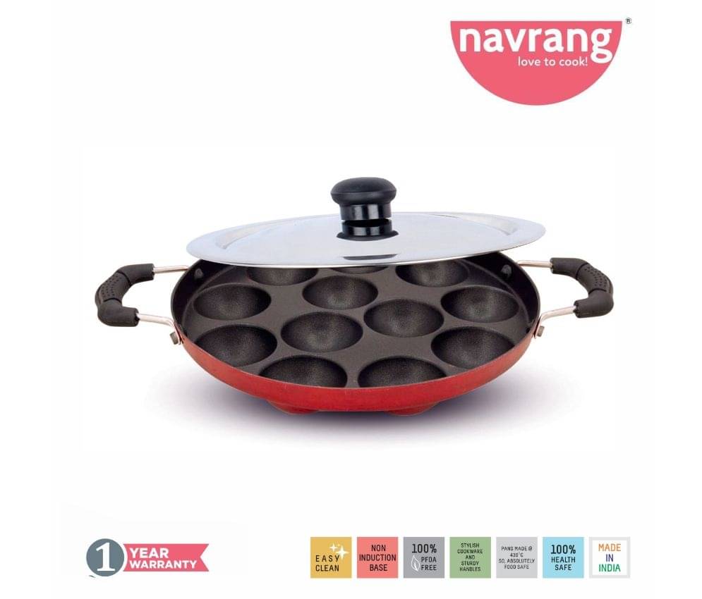 Navrang Non Stick Aluminium Appakara 12 Kulies Handle With Lid Light Weight, Red -Non Induction Navrang Non Stick Aluminium Appakara 12 Kulies Handle With Lid Light Weight, Red -Non Induction