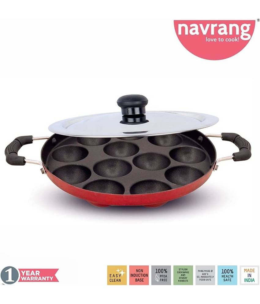 Navrang Non Stick Aluminium Appakara 12 Kulies Handle With Lid Light Weight, Red -Non Induction