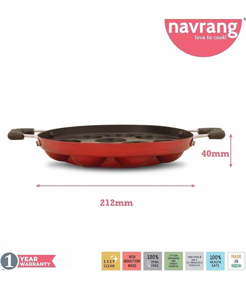 Navrang Non Stick Aluminium Appakara 12 Kulies Handle With Lid Light Weight, Red -Non Induction