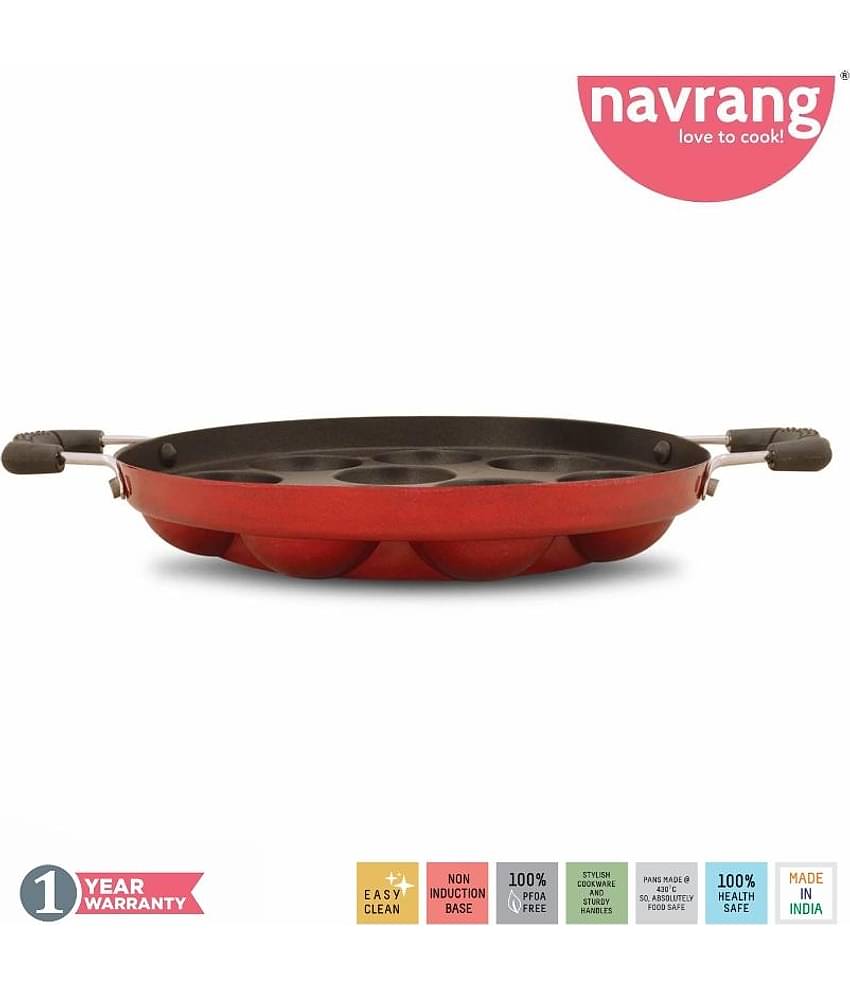 Navrang Non Stick Aluminium Appakara 12 Kulies Handle With Lid Light Weight, Red -Non Induction