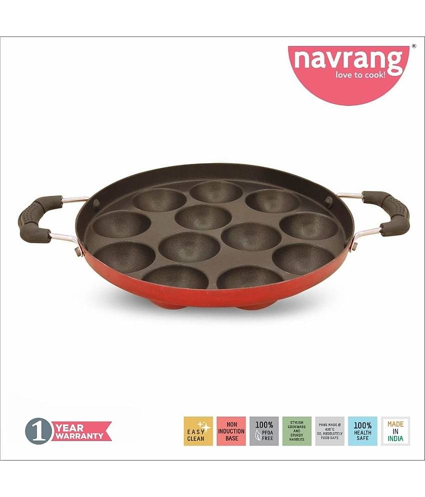 Navrang Non Stick Aluminium Appakara 12 Kulies Handle With Lid Light Weight, Red -Non Induction