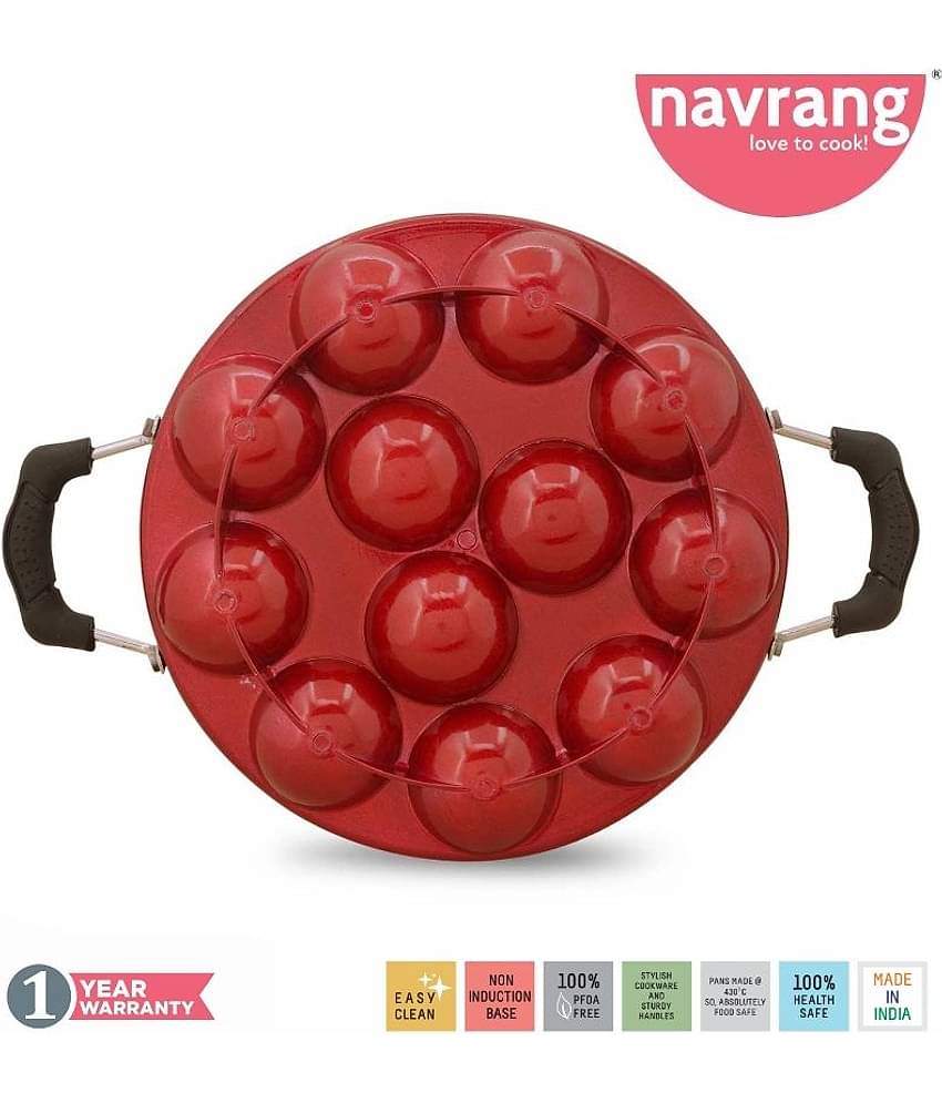 Navrang Non Stick Aluminium Appakara 12 Kulies Handle With Lid Light Weight, Red -Non Induction