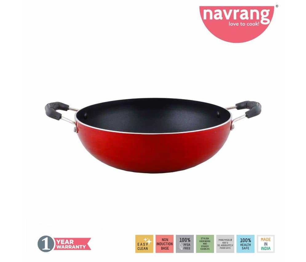 Navrang Non Stick Aluminium Kadai Economy M With Lid ,230mm,Red -Non Induction - Cookware | Buy online on ZillyBuy