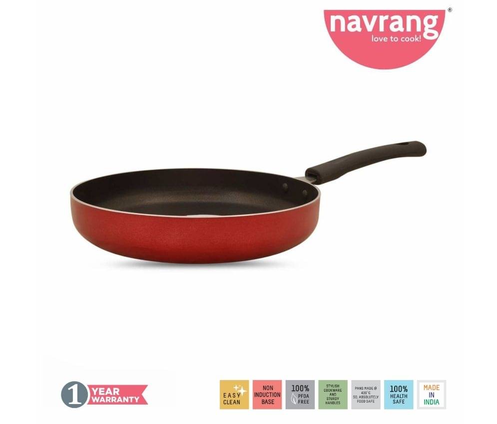 Navrang Non Stick Aluminium Straight Fry Pan With Ss Lid ,230mm,Red -Non Induction Navrang Non Stick Aluminium Straight Fry Pan With Ss Lid ,230mm,Red -Non Induction