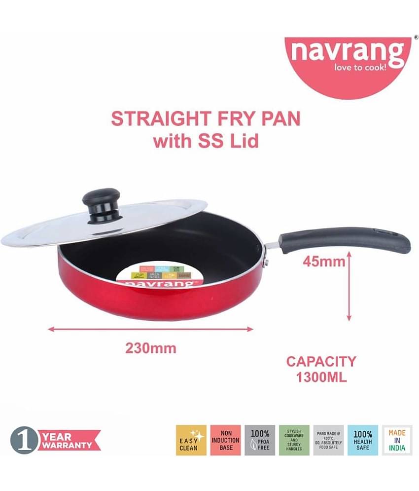 Navrang Non Stick Aluminium Straight Fry Pan With Ss Lid ,230mm,Red -Non Induction