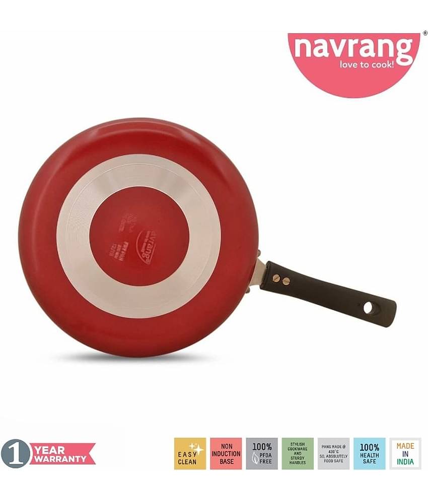 Navrang Non Stick Aluminium Straight Fry Pan With Ss Lid ,230mm,Red -Non Induction