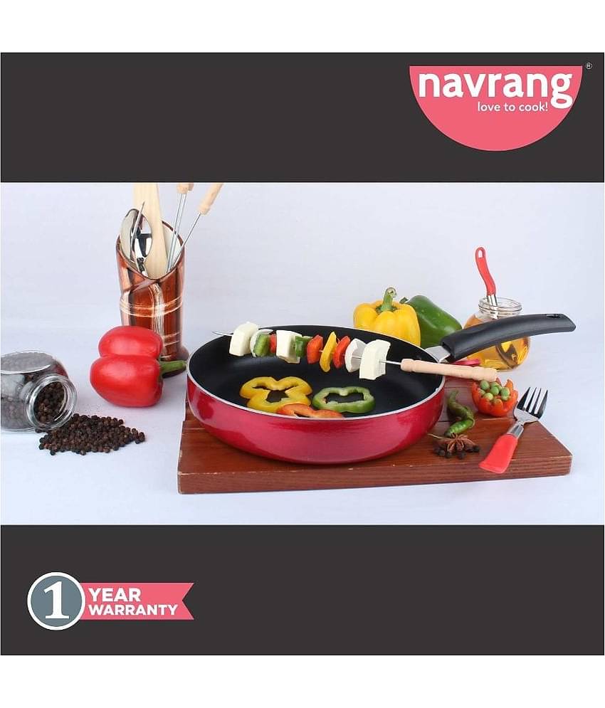 Navrang Non Stick Aluminium Straight Fry Pan With Ss Lid ,230mm,Red -Non Induction