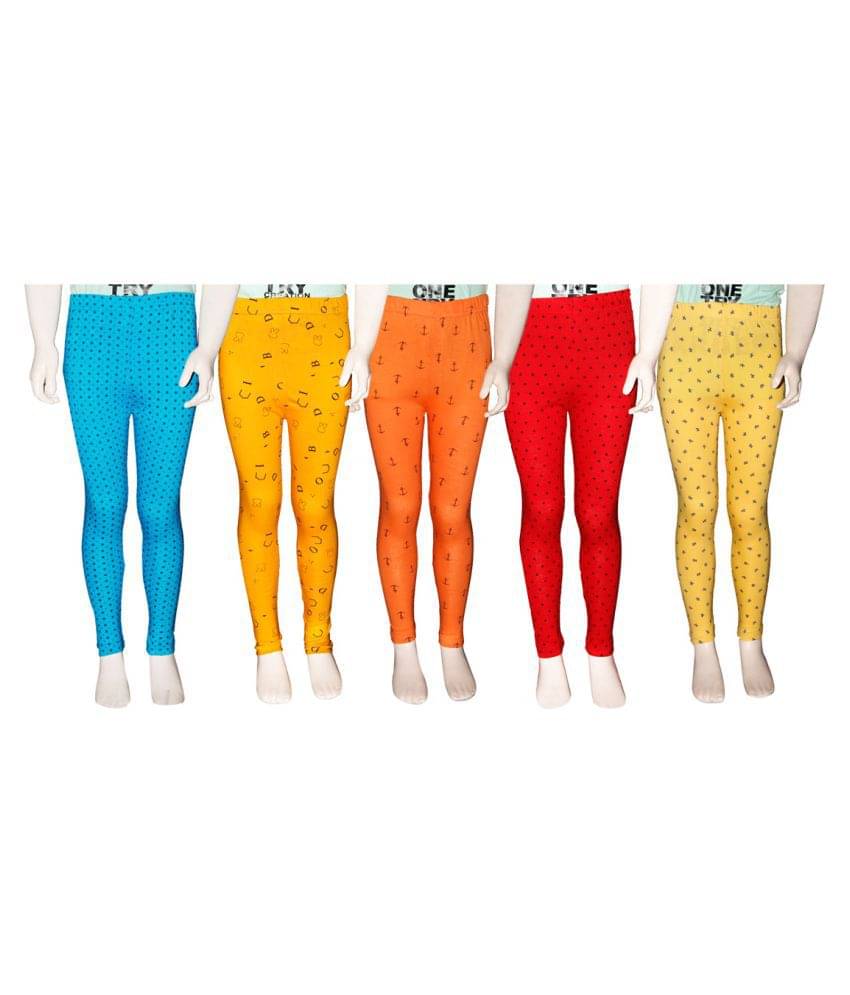     			FnMe Pack of 5 Girls 100% Cotton Leggings ( Yellow )