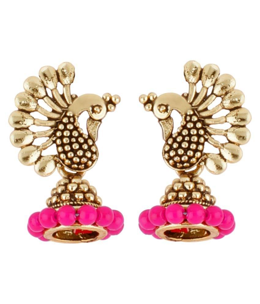     			Silver Shine Beautiful Pink Beads in Peacock Shape Jhumki Earrings