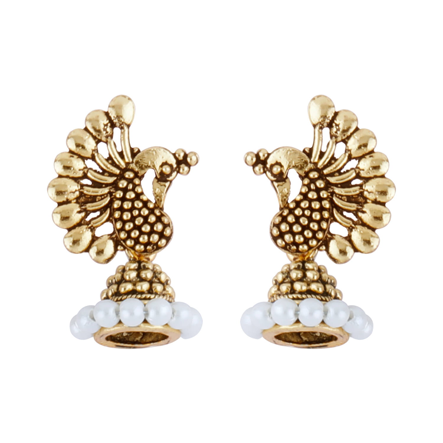     			Silver Shine Glitzy Blue Beads in Peacock Shape Jhumki Earrings