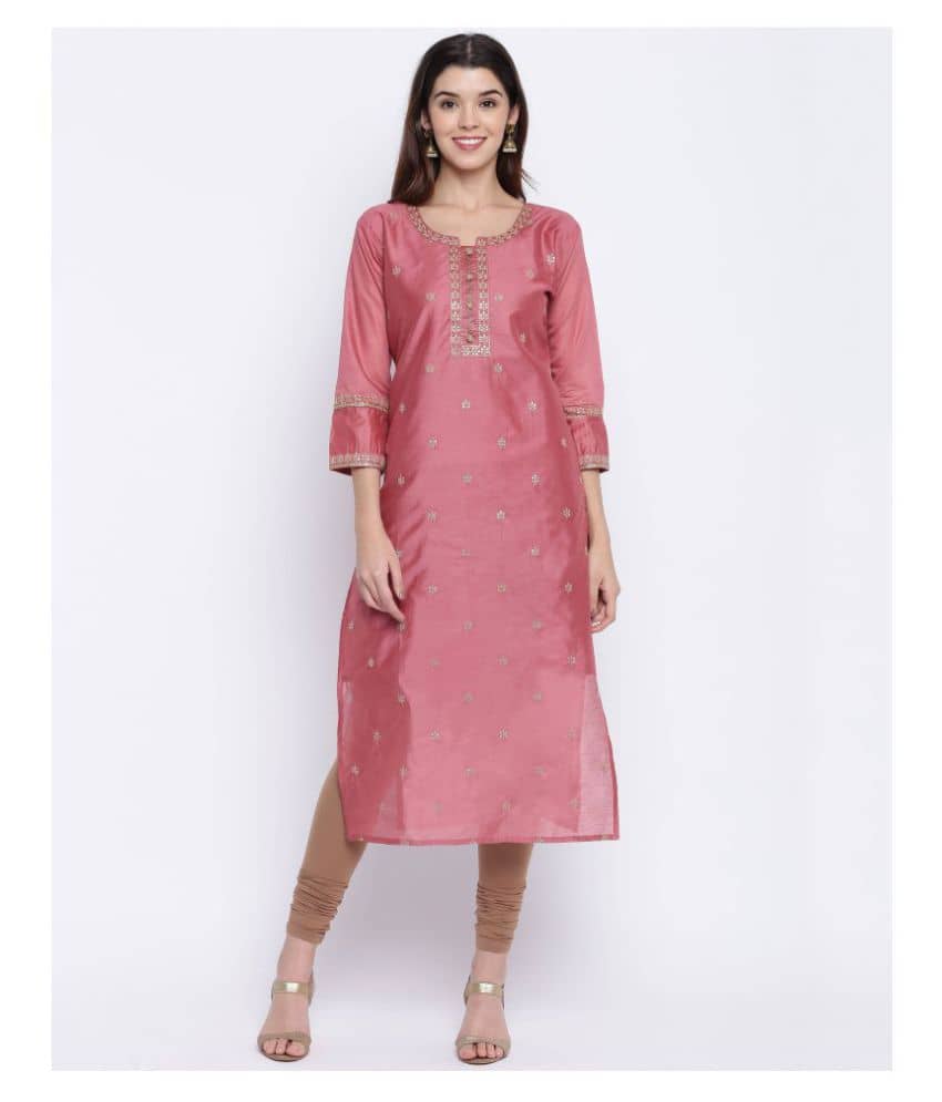 Vbuyz - Peach Chanderi Women's Straight Kurti ( Pack of 1 ) - Kurtis, Tunics | Buy online on ZillyBuy