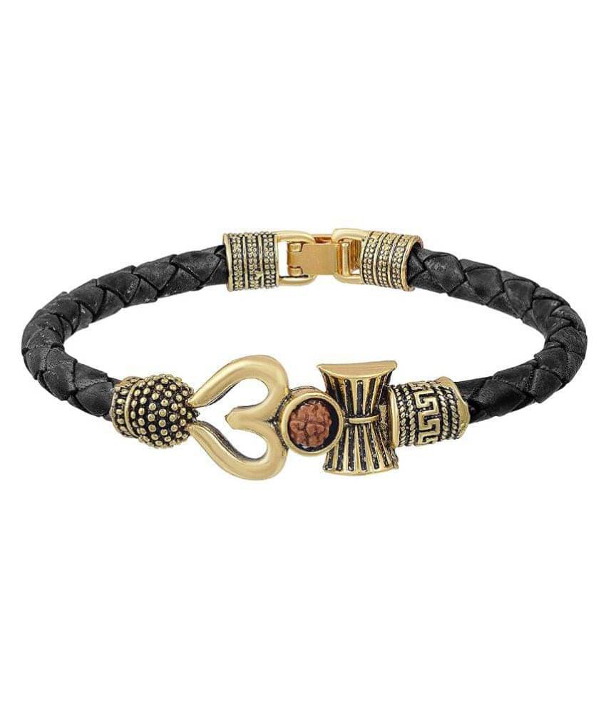 Bhumi09 Handcrafted Spiritual One Sided Trishul Damru OM Rudraksha Beads Gold Plated Mahakal Shiva Genuine Leather Brown Dyed Rope Wrist Band/Belt Bracelet for Men/Women     			Bhumi09 Handcrafted Spiritual One Sided Trishul Damru OM Rudraksha Beads Gold Plated Mahakal Shiva Genuine Leather Brown Dyed Rope Wrist Band/Belt Bracelet for Men/Women