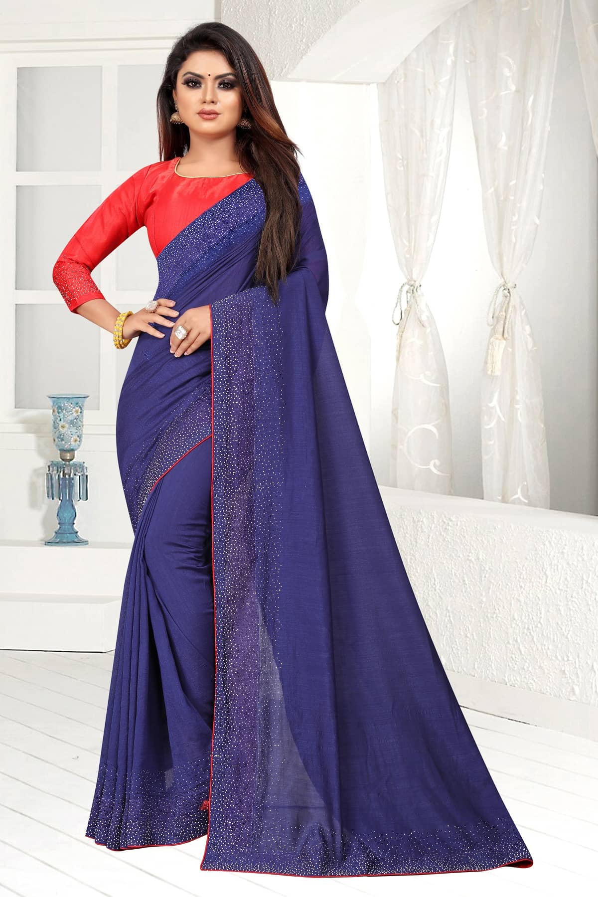 Gazal Fashions Silk Blend Embellished Saree With Unstitched Blouse Piece ( Blue,Red ) - Sarees | Buy online on ZillyBuy