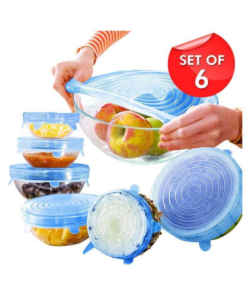     			Vacuum Silicone Blue 6 Lids Stretchable Cover for Bowls, Bottles, Food, Glass Cups Use in Microwave Small | Large|Medium Size Set of 6