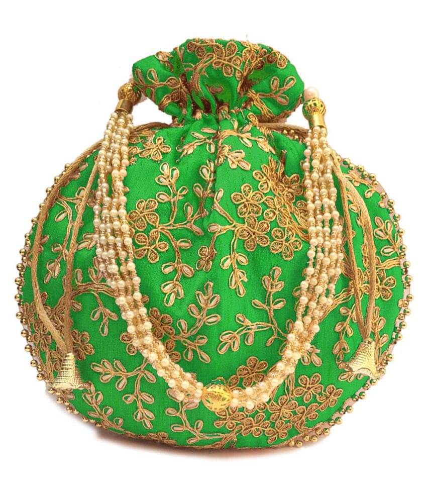     			Bulbul Green Silk Potli