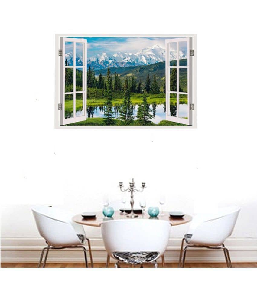 Asmi Collection Beautiful Mountain Landscape Window Illusion Nature Sticker ( 60 x 90 cms )