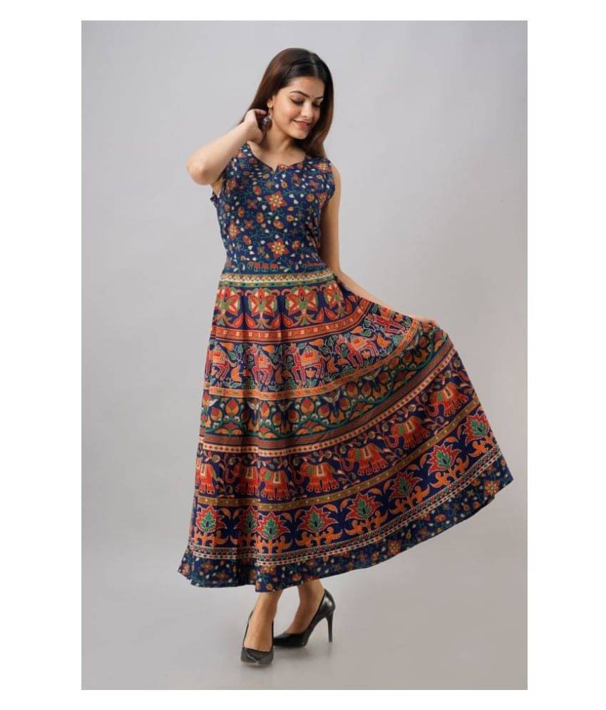     			Frionkandy Women Cotton Ethnic Dress ( Blue )