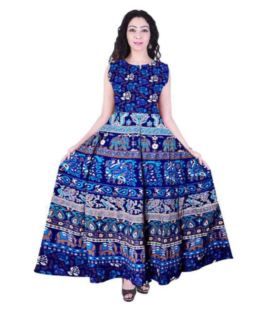 Frionkandy Women Cotton A-line Dress ( Blue ) Frionkandy Women Cotton A-line Dress ( Blue )