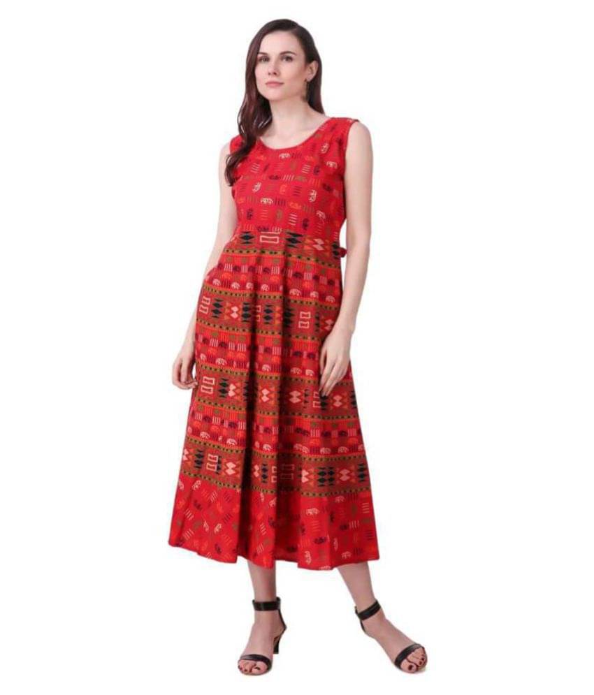 Frionkandy Women Cotton Fit & Flare Dress ( Red ) Frionkandy Women Cotton Fit & Flare Dress ( Red )