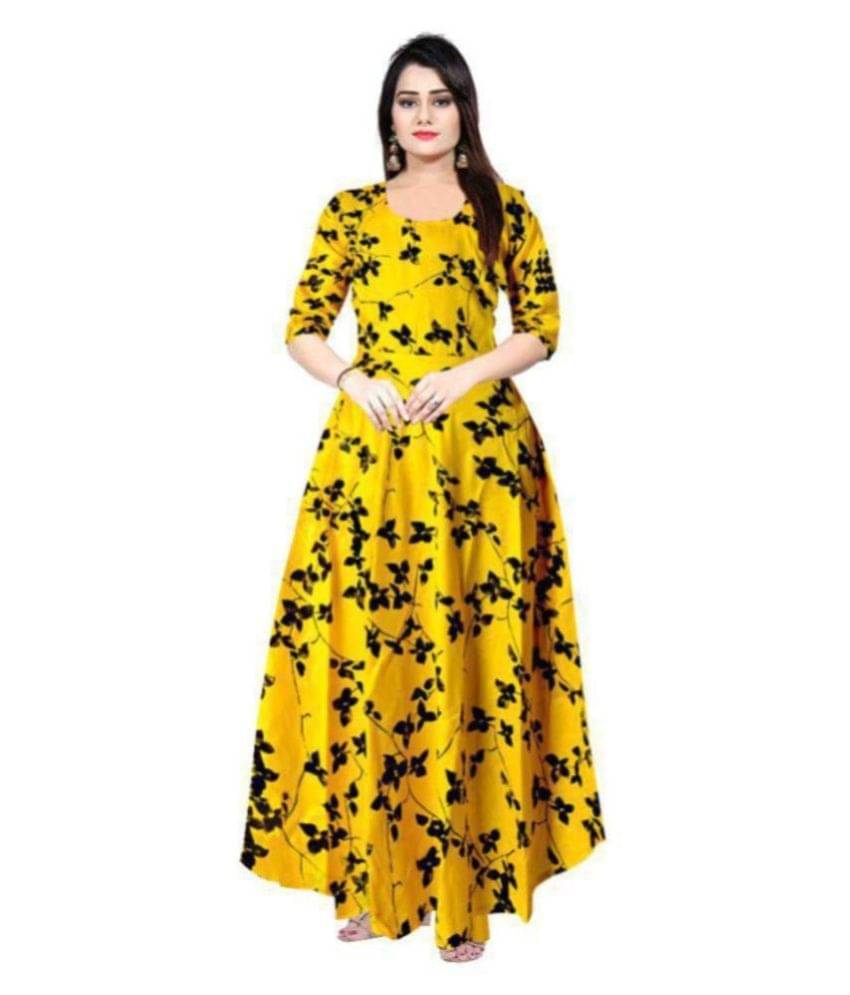 Frionkandy Women Rayon Printed A-line Dress ( Yellow ) Frionkandy Women Rayon Printed A-line Dress ( Yellow )