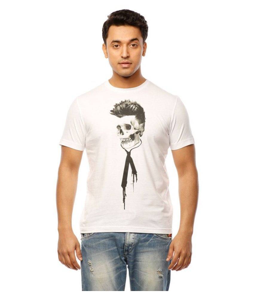     			Huetrap Cotton White Printed T-Shirt