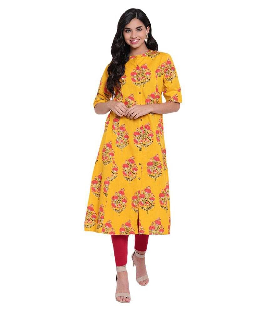 Divena - Yellow Cotton Blend Women's Flared Kurti Divena - Yellow Cotton Blend Women's Flared Kurti