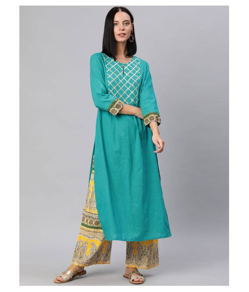 Yash Gallery Cotton Kurti With Palazzo Women's Stitched Salwar Suit - Blue ( ) Yash Gallery Cotton Kurti With Palazzo Women's Stitched Salwar Suit - Blue ( )