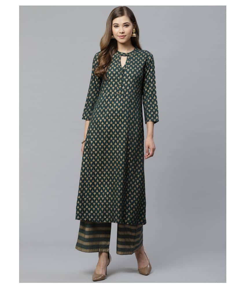 Yash Gallery Cotton Kurti With Palazzo Women's Stitched Salwar Suit - Green ( )