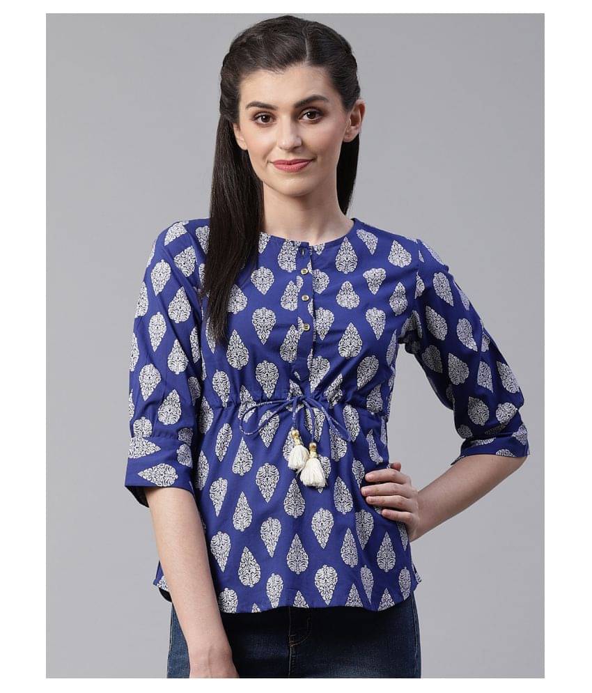 Yash Gallery Women's Cotton Drawstring Top ( Blue ) Yash Gallery Women's Cotton Drawstring Top ( Blue )