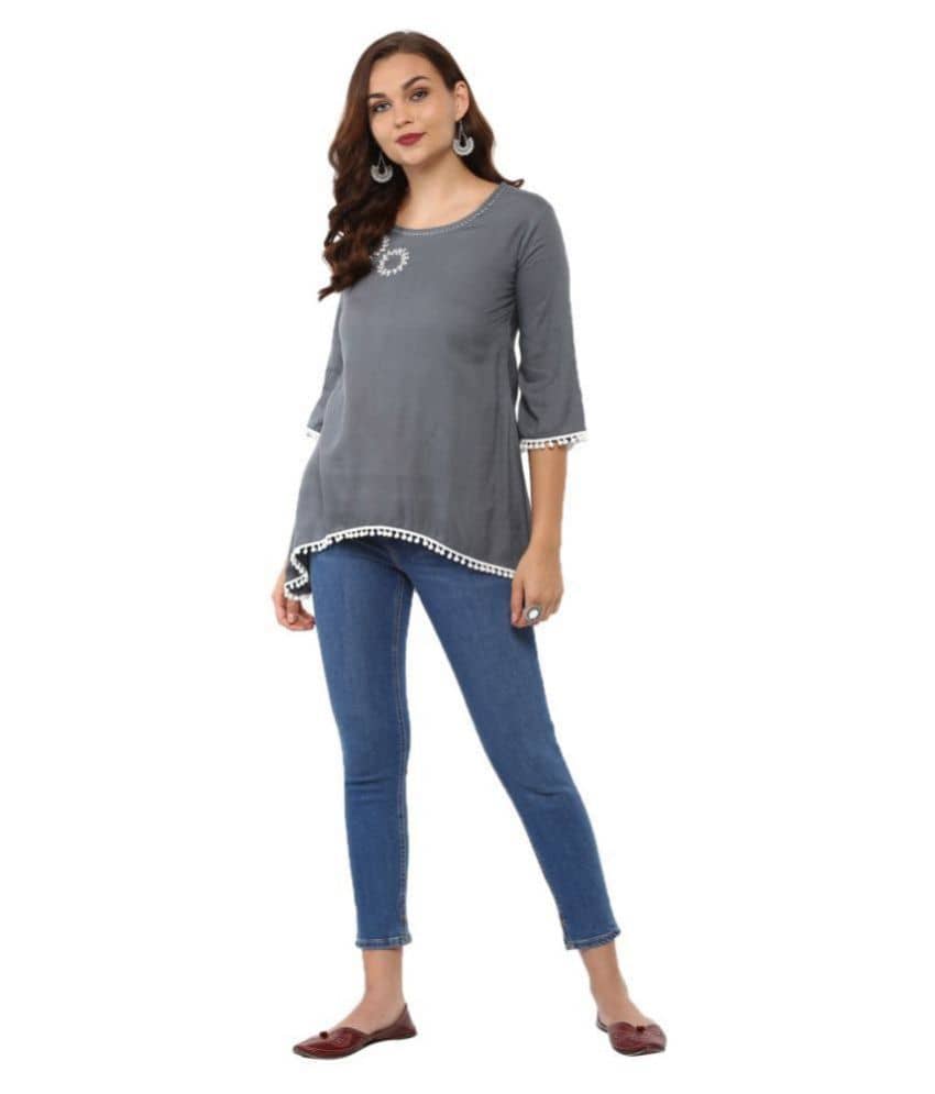 Yash Gallery Women's Rayon Asymmetrical Top ( Grey )