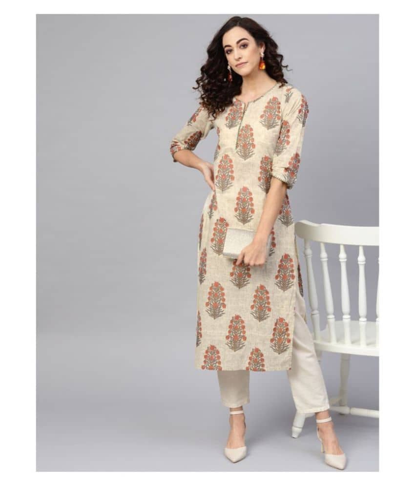Yash Gallery Pack of 1 Cotton Printed Straight Women's Kurti - ( Beige ) - Kurtis, Tunics | Buy online on ZillyBuy