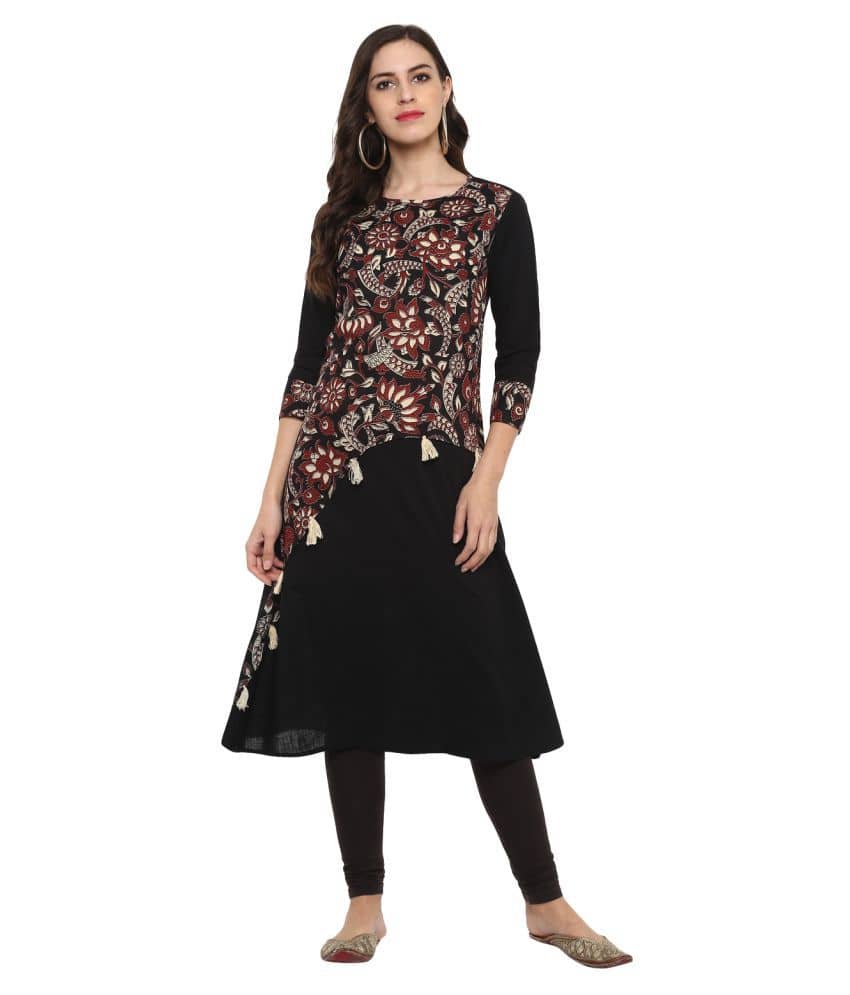 Yash Gallery Pack of 1 Cotton Printed A-line Women's Kurti - ( Black ) - Kurtis, Tunics | Buy online on ZillyBuy