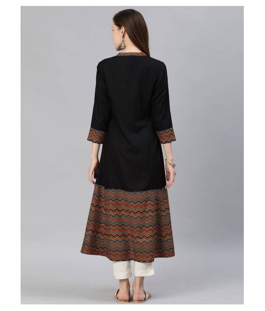 Yash Gallery Pack of 1 Rayon Printed Flared Women's Kurti - ( Black ) Yash Gallery Pack of 1 Rayon Printed Flared Women's Kurti - ( Black )
